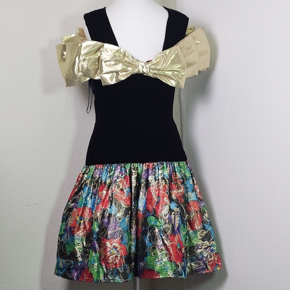 Vintage Morton Myles Saks Velvet Gold Bow Metallic Floral Cocktail Dress Sz S - Picture 5 of 15
